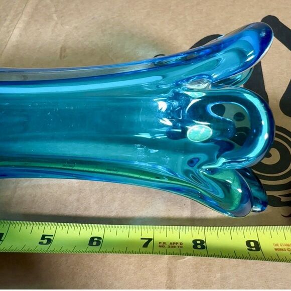 Vintage Murano Style Art Glass Vase Peacock Blue Sommerso Flared Rim Italy Label - Picture 10 of 10